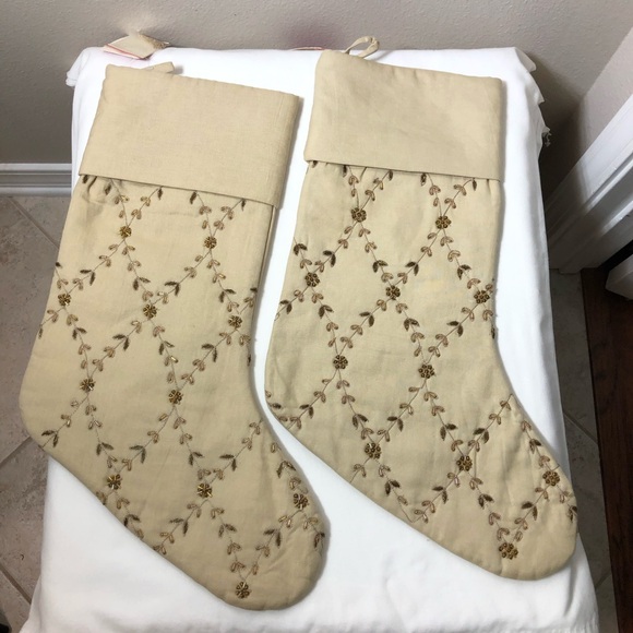 Pottery Barn 2 Linen Cotton Blend Lattice Jewel Christmas Stockings 9 X 19.5 In - Picture 3 of 12